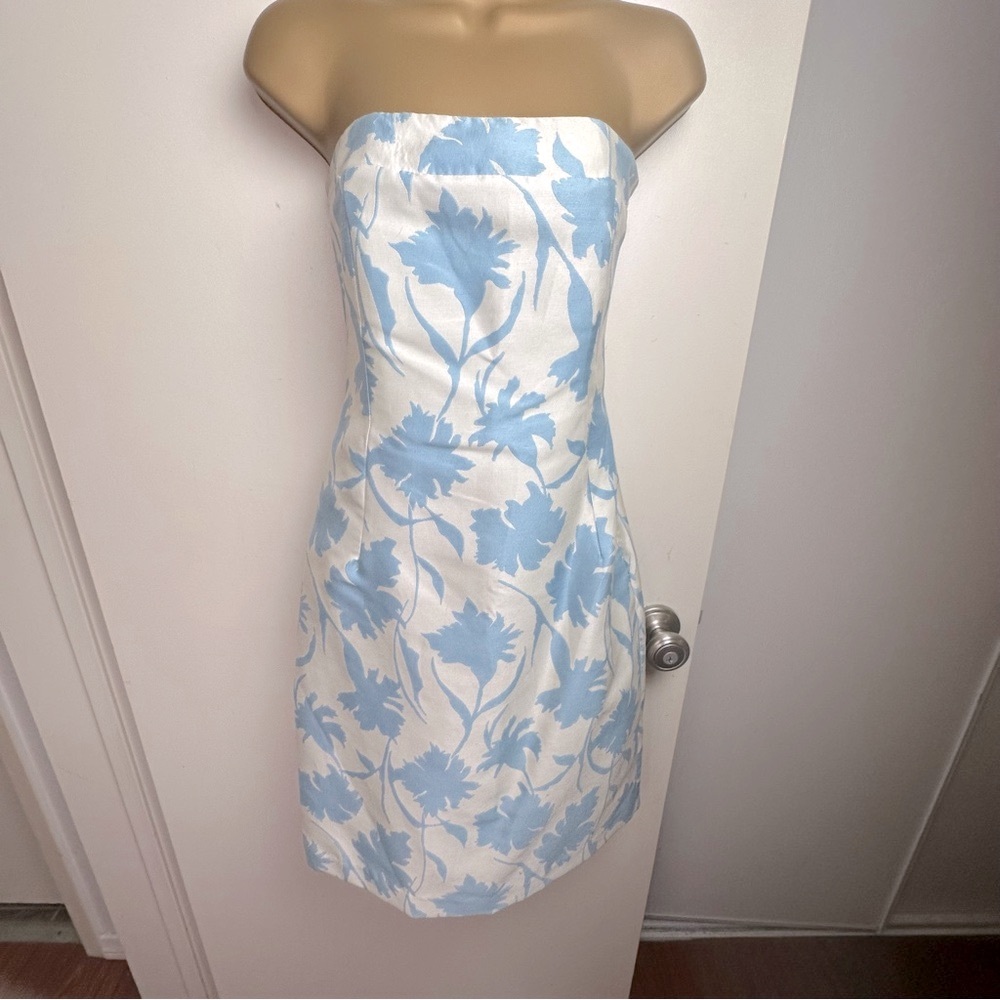 Jill Michelle White & Light Blue Floral Print 90’s/Y2K Vintage Strapless Dress 4